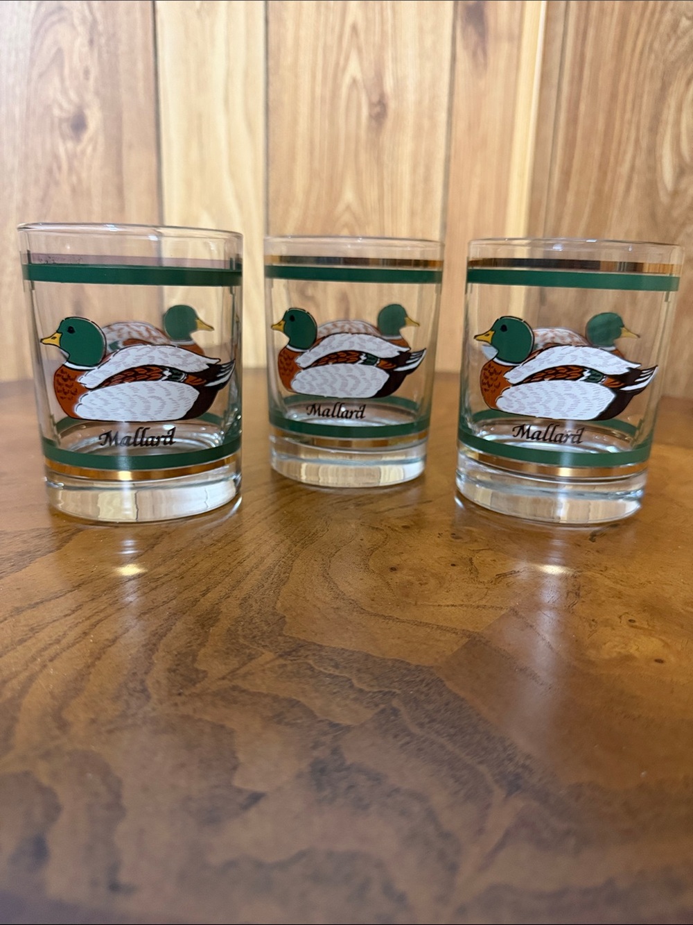 Libbey Mallard Duck Glass Tumblers with Green and Gold Trim (Set of 3)